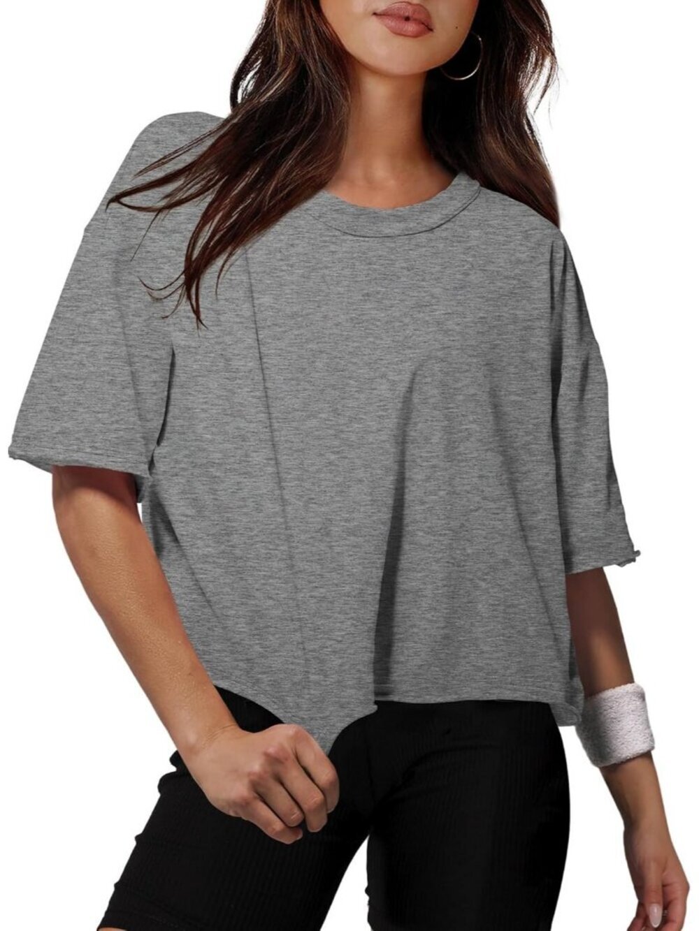 Women's Pink Crew Neck Casual Crop Tops Short Sleeve Pull On Basic Tees Shirts